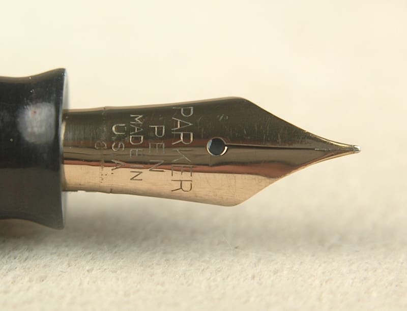 Close-up of a Parker fountain pen nib.