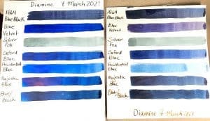 Blue ink swatches on white paper.