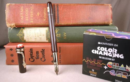 Books, fountain pen, and color-changing ink set.