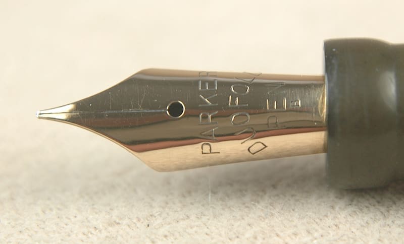 Close-up of a Parker Quink fountain pen nib.